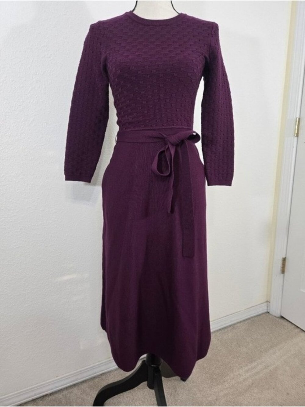 Eliza J Purple 3/4 Sleeves Crewneck Tie Waist Fit & Flare Sweater Dress, size XS